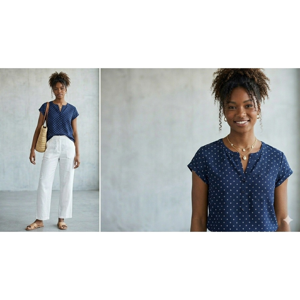 Madewell Navy Blue‎ Polka Dot Split Neck Blouse Top Women S Texture Crepe Retro